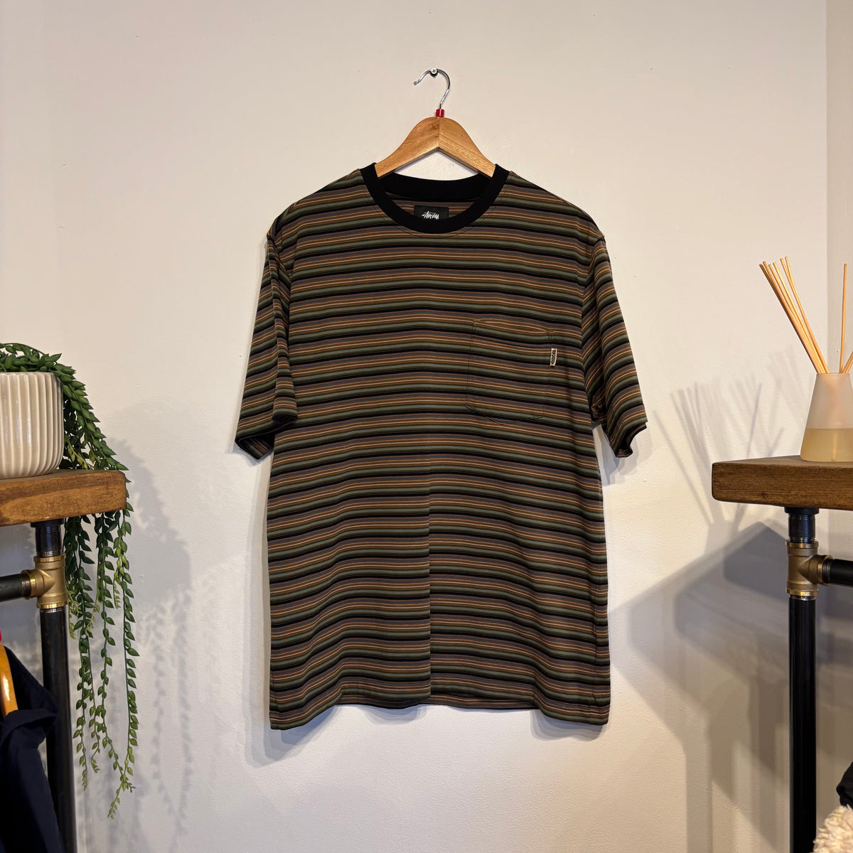 Stussy Mini Stripe Crew T-Shirt Green/ Black (Large)