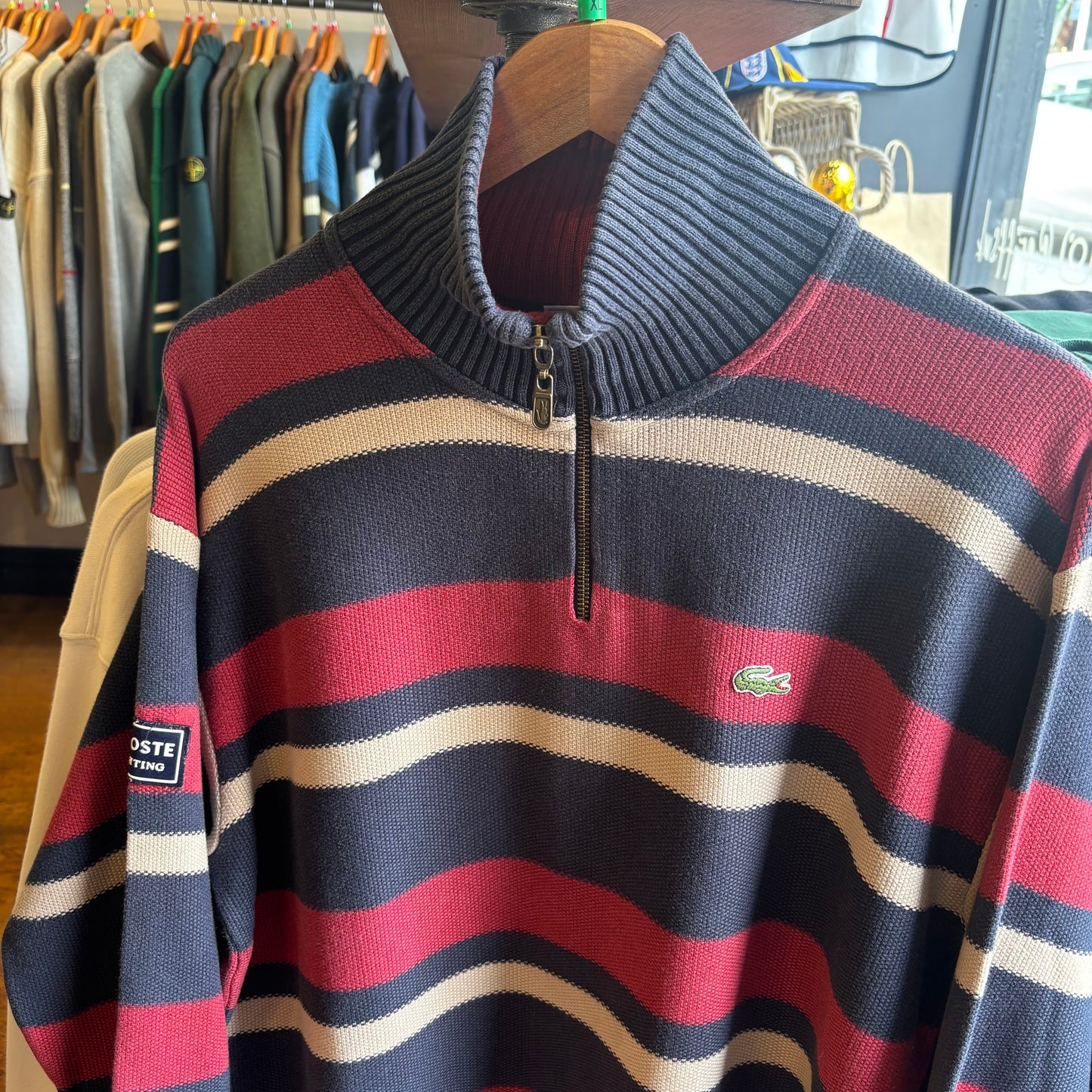 Lacoste Yachting Striped Quarter Zip Knit Jumper Red/ Blue (XL)