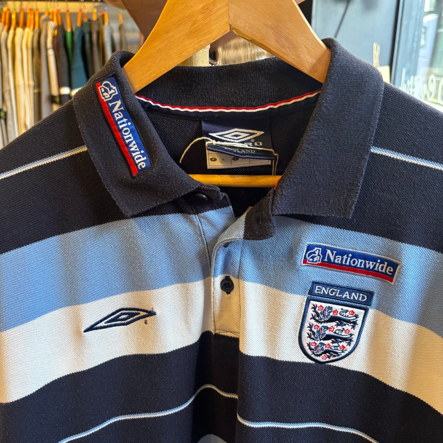England 2000's Umbro Stripe Polo Shirt Blue (XL)