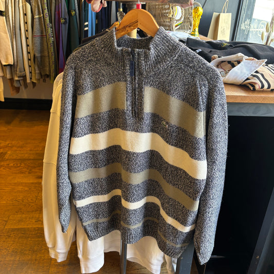 Lacoste Stripe Quarter Zip Knit Jumper Grey (Large)