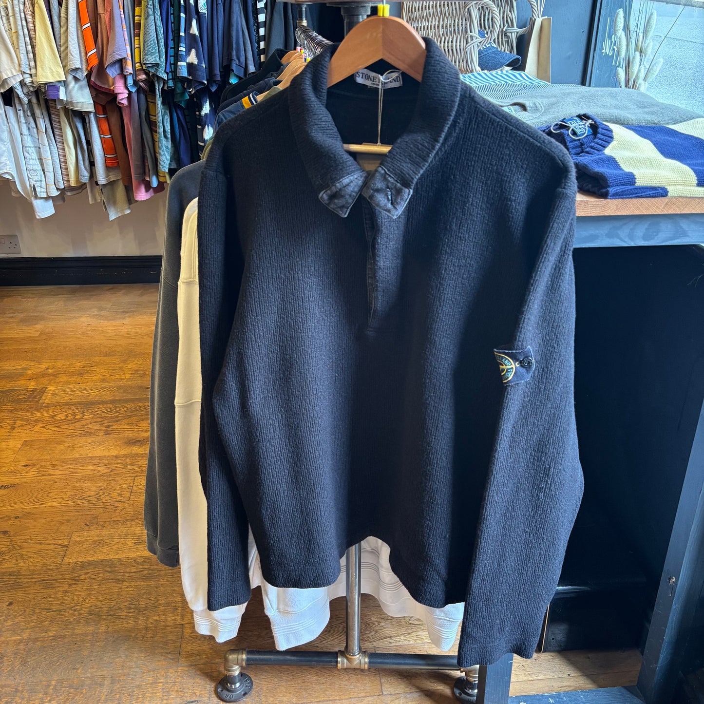 Stone Island 2000's Quarter Button Jumper Black (Large)