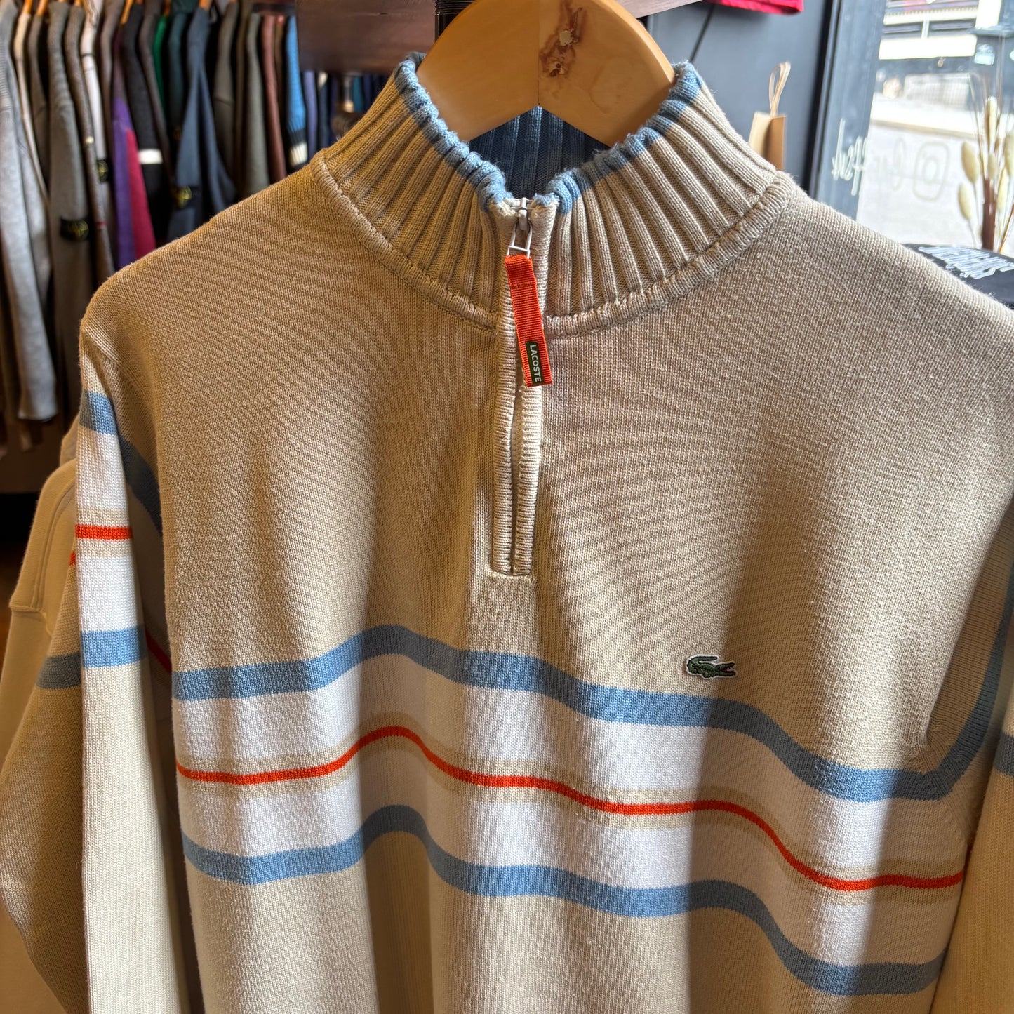 Lacoste Stripe Quarter Zip Knit Jumper Cream (Medium)