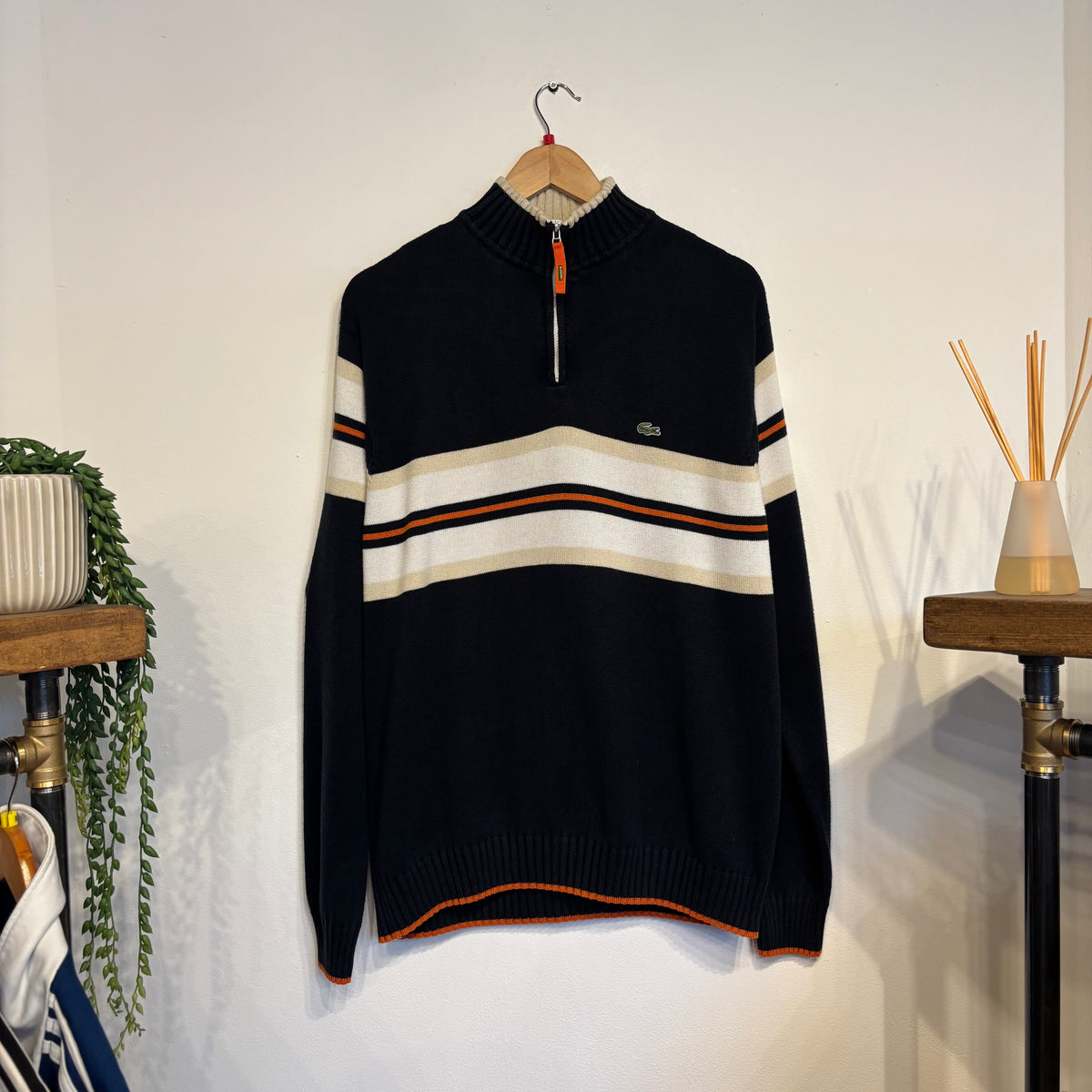 Lacoste Quarter Zip Stripe Pullover Knit Jumper Navy (Large)