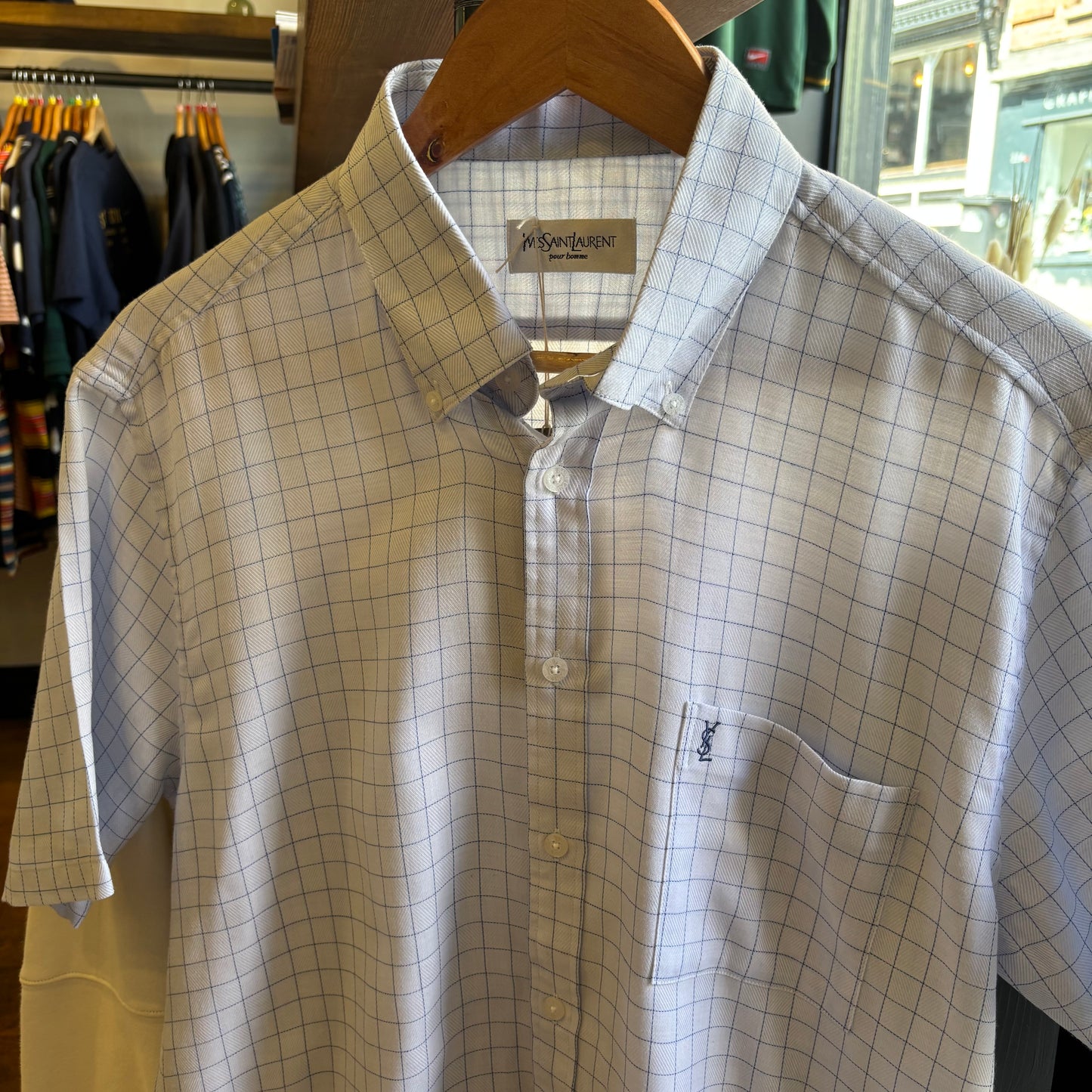 Yves Saint Laurent Plaid Button Shirt White/ Blue (Large)
