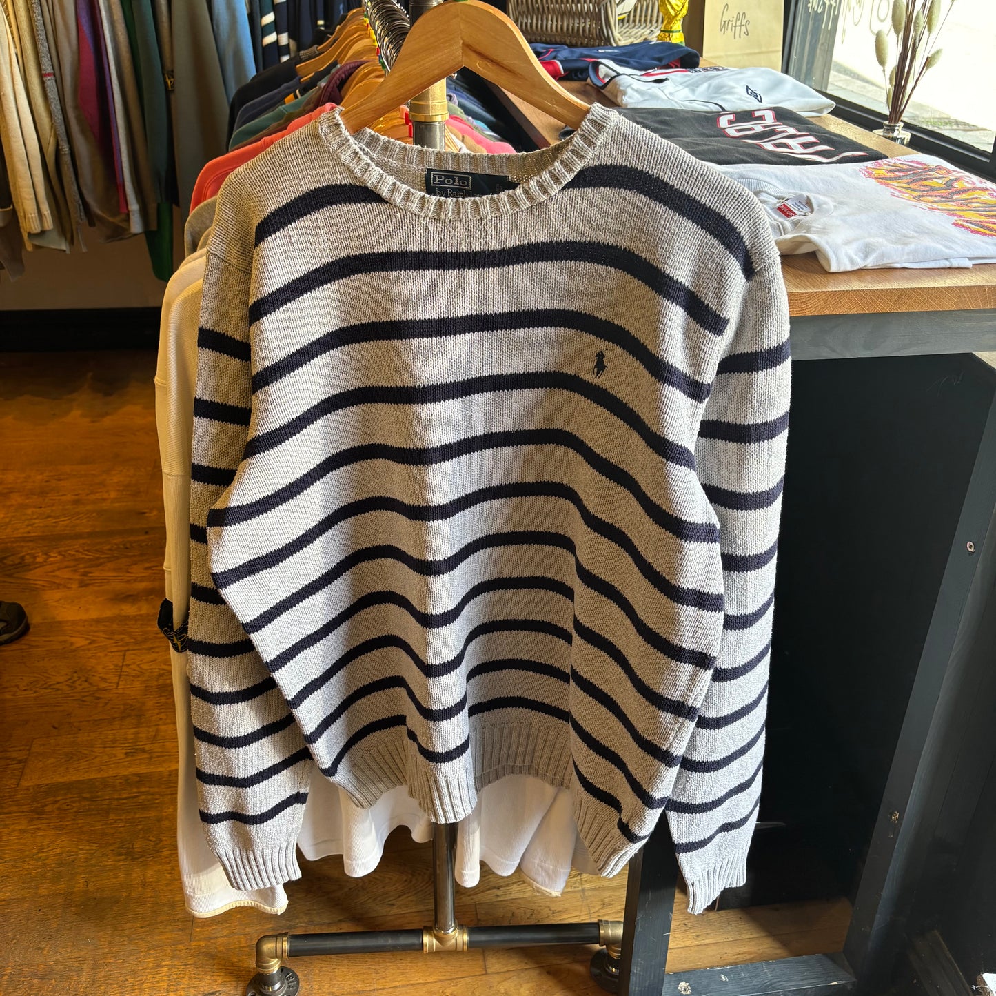 Ralph Lauren Grey Striped Pullover Knit Jumper Grey/ Navy (XL)