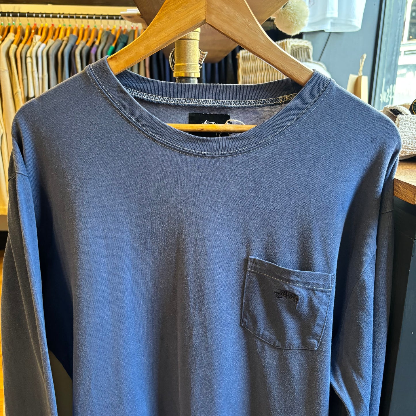Stussy Overdyed Pocket Longsleeve T-Shirt Navy (Large)