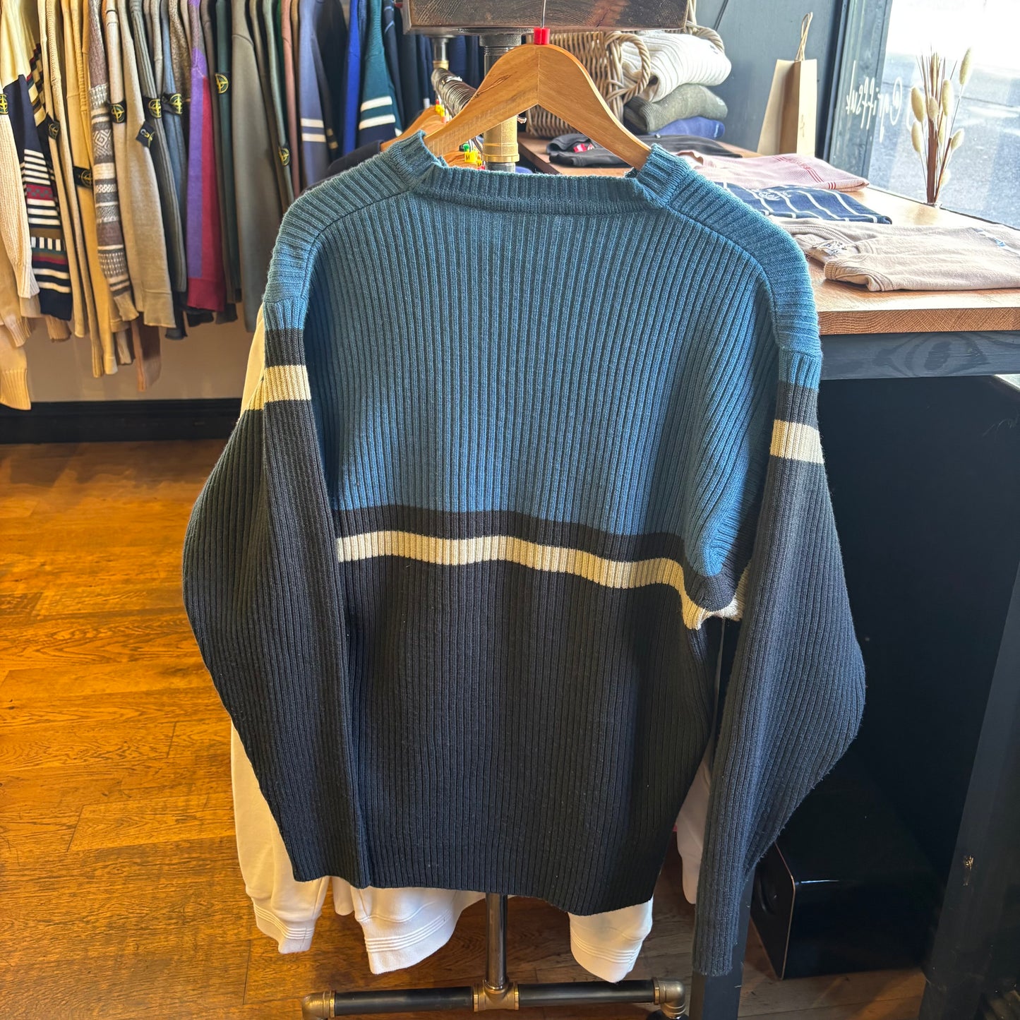 Adidas V Neck Pullover Stripe Knit Jumper Blue (Large)