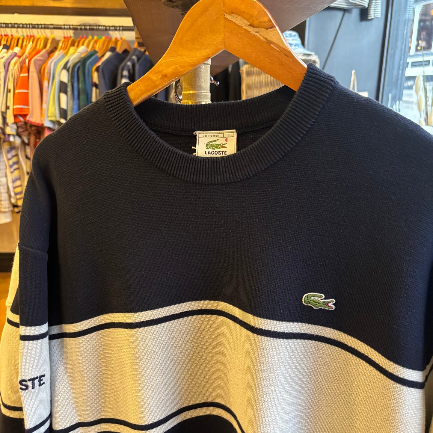 Lacoste Pullover Two Tone Knit Jumper Navy/ Cream (Large)