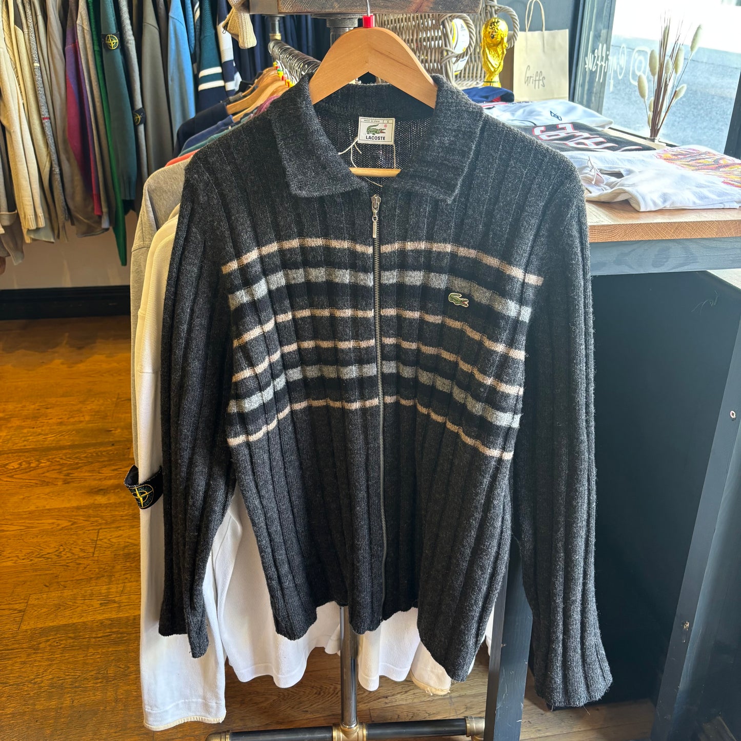 Lacoste Full Zip Stripe Knit Jumper Grey (Large)