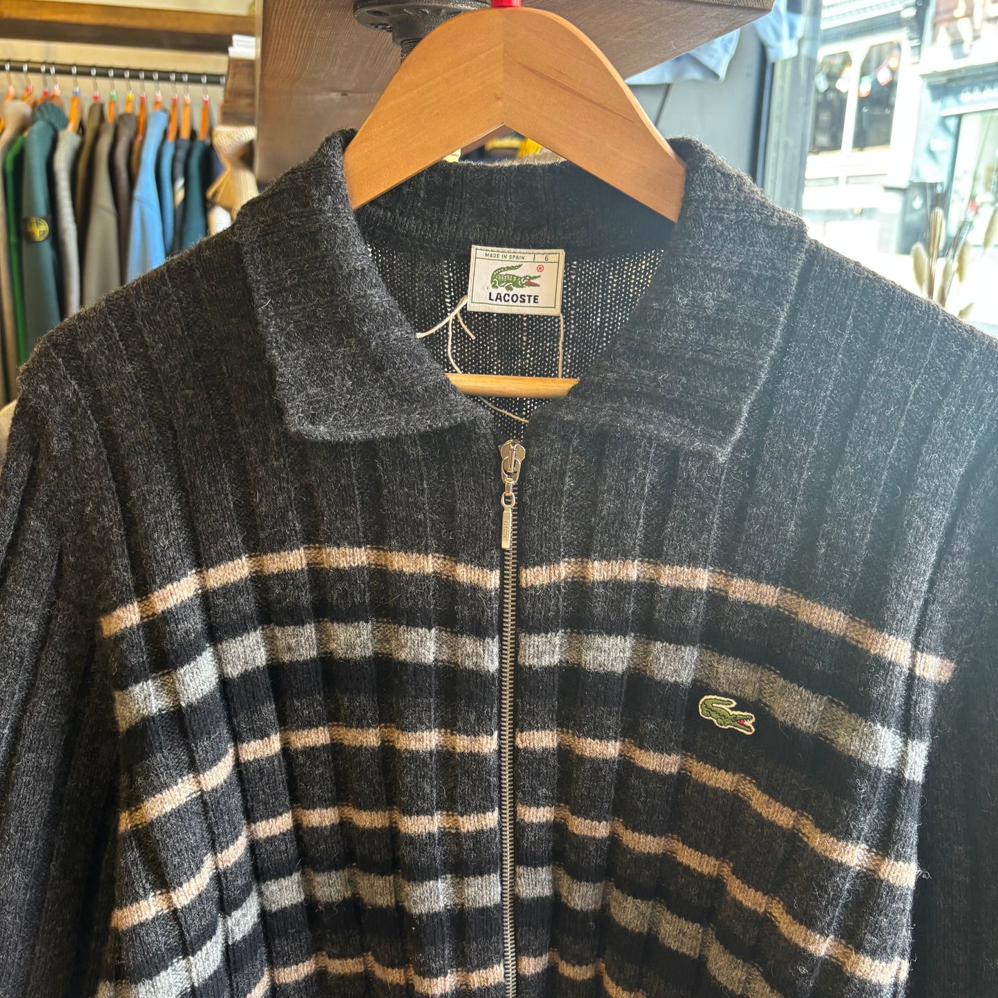 Lacoste Full Zip Stripe Knit Jumper Grey (Large)