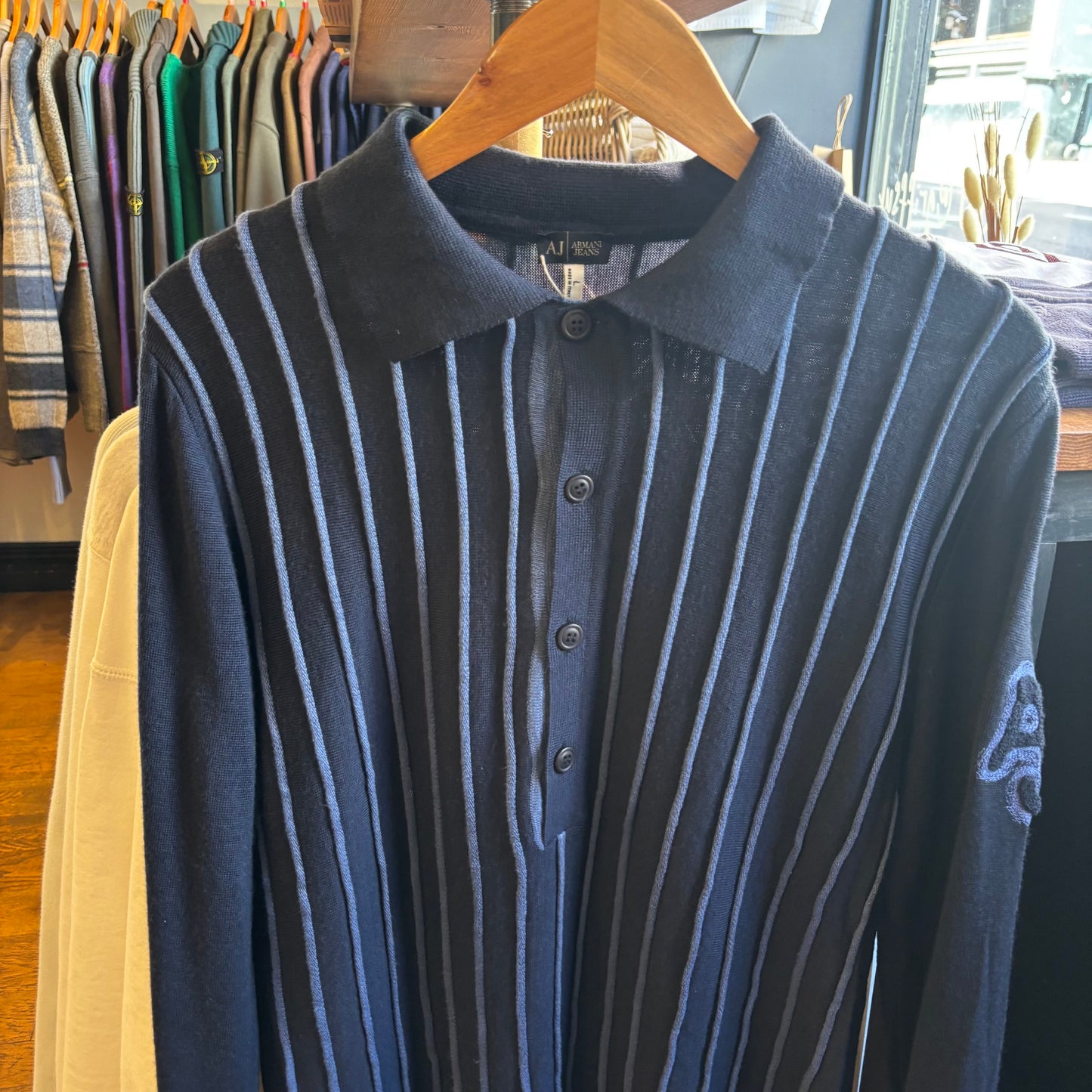 Armani Jeans Striped Knitted Polo Longsleeve Navy (Large)