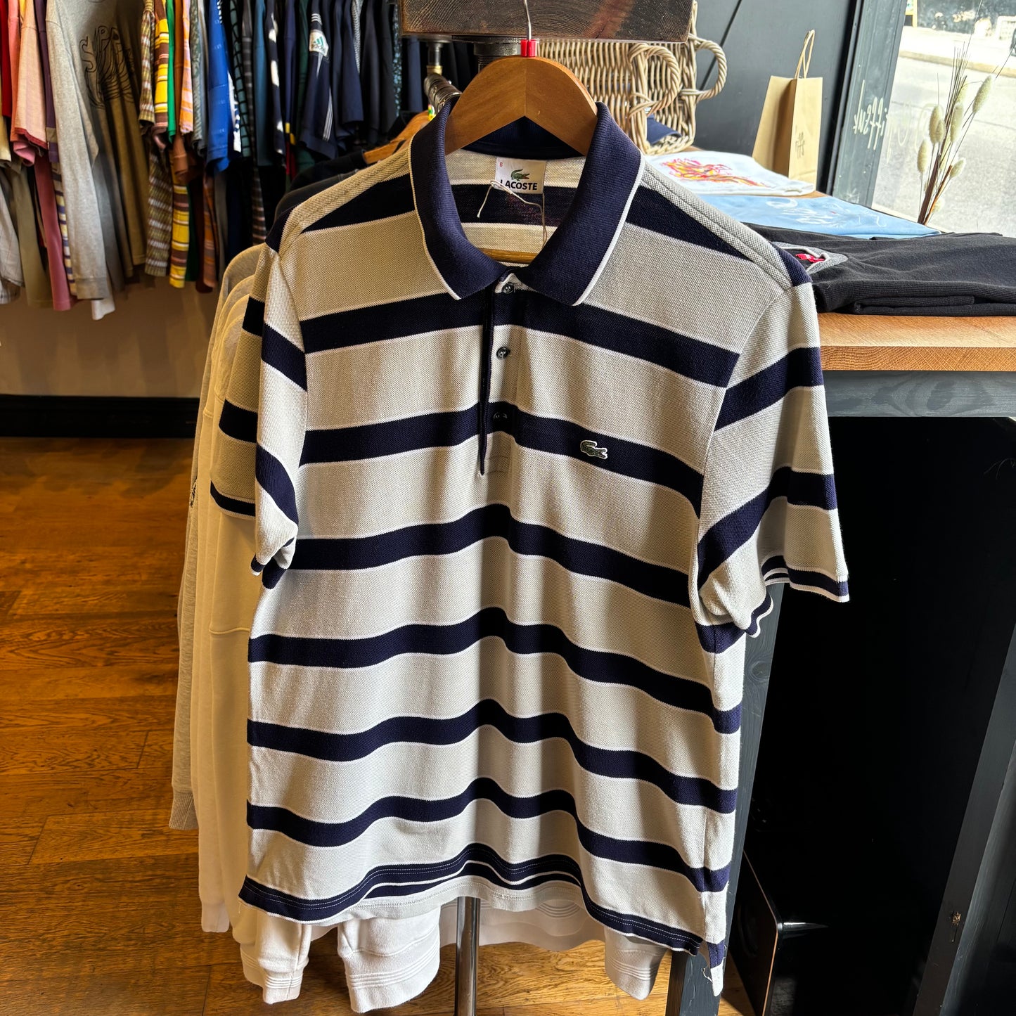 Lacoste Stripe Polo Shirt Grey/ Navy (Large)