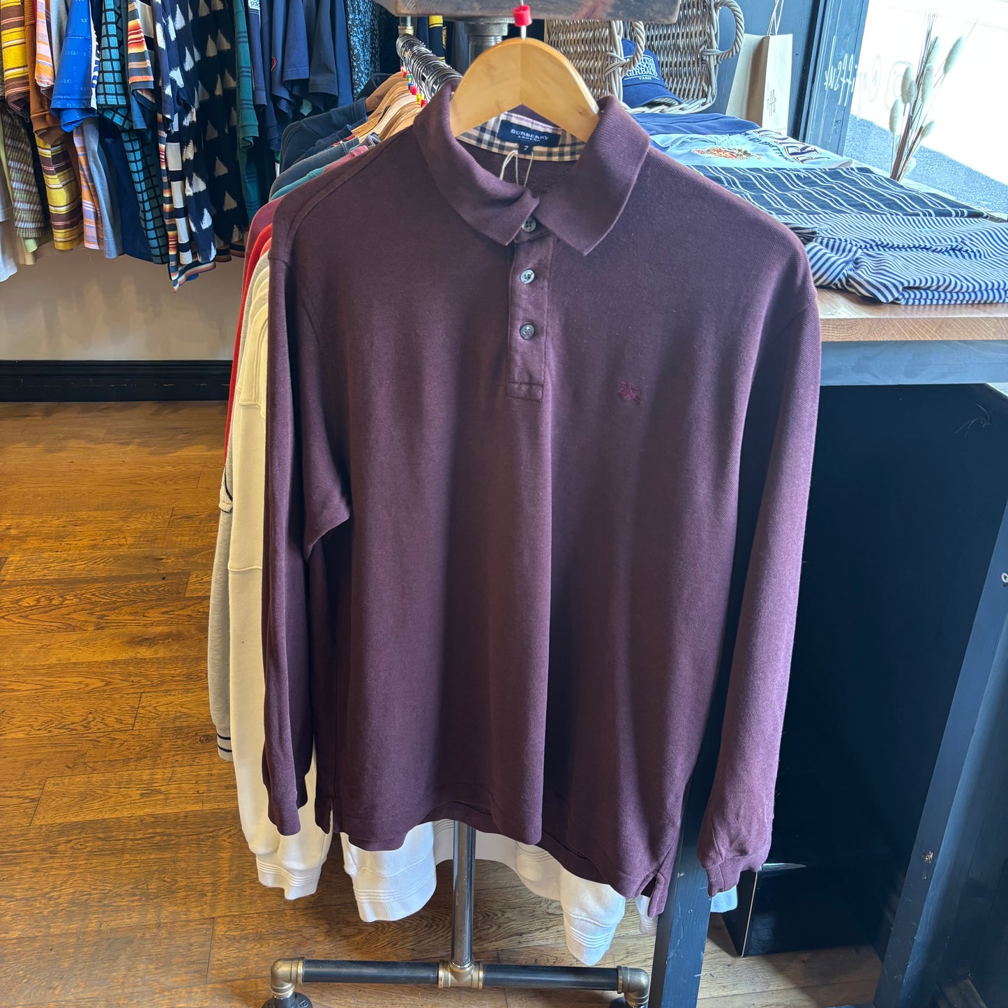Burberry Longsleeve Polo Shirt Burgundy (Large)