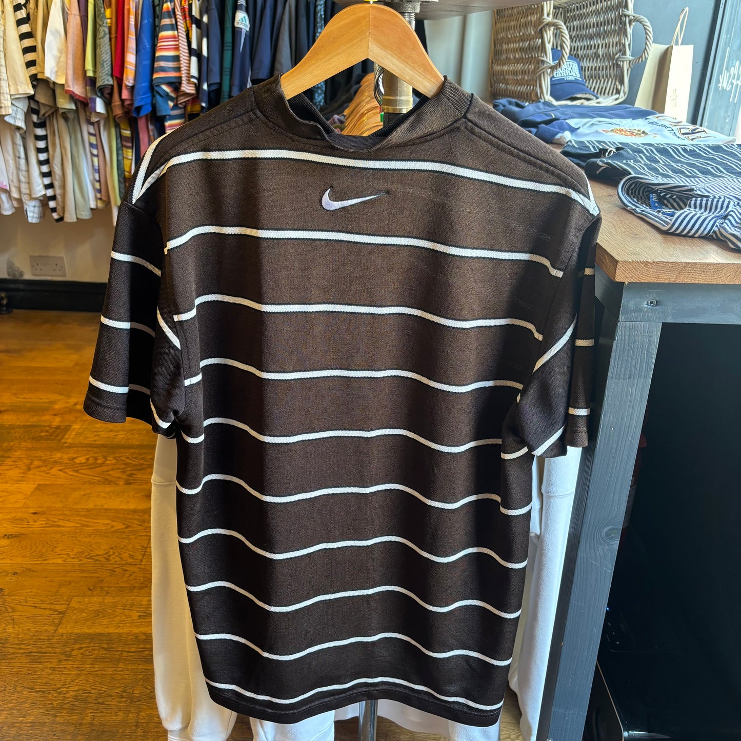 Nike 90s Centre Swoosh Striped T-Shirt Brown (Medium)
