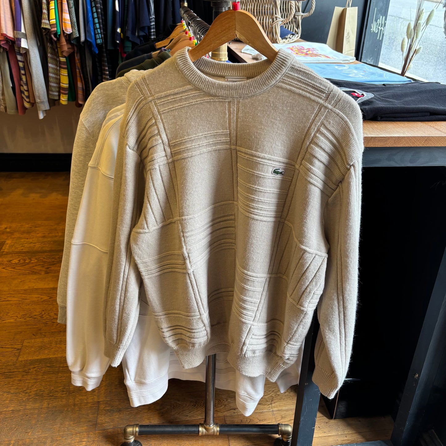 Lacoste Pattern Ribbed Pullover Knit Jumper Beige (Large)