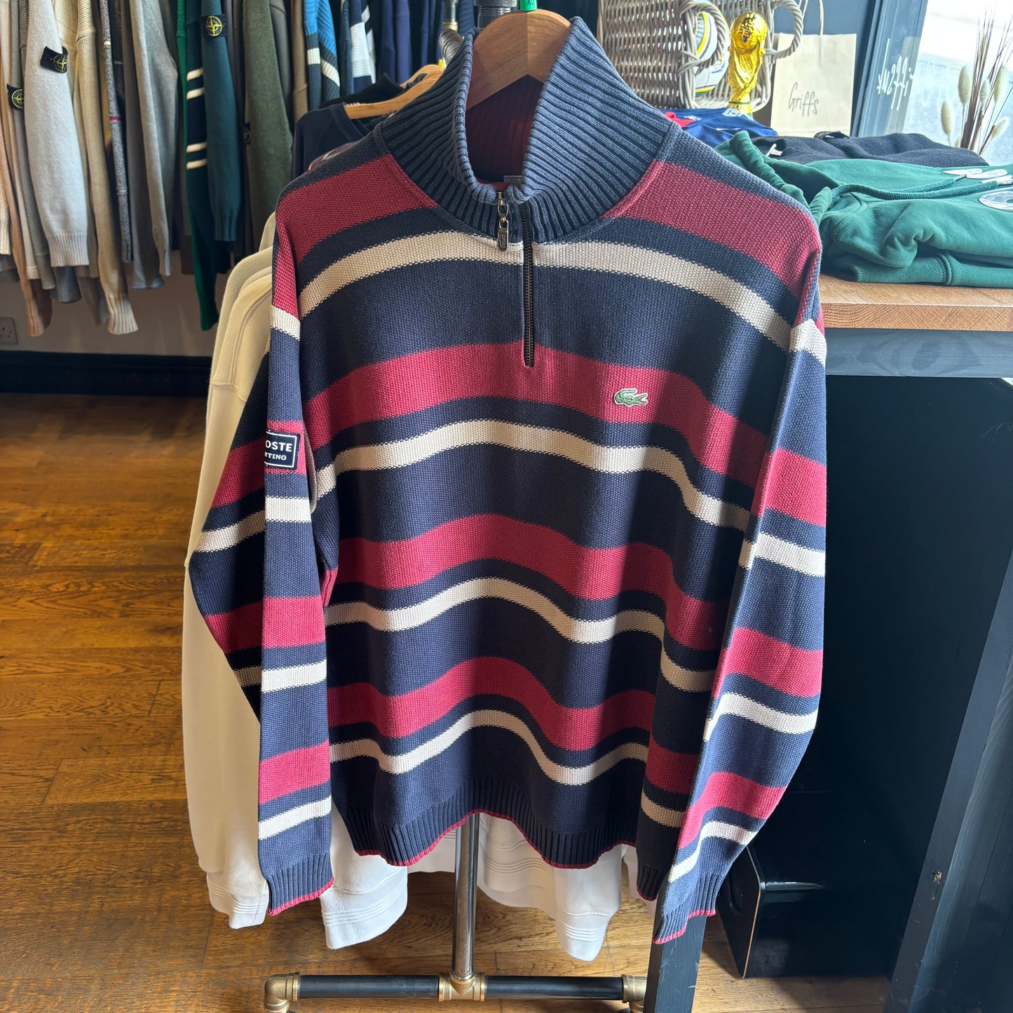Lacoste Yachting Striped Quarter Zip Knit Jumper Red/ Blue (XL)