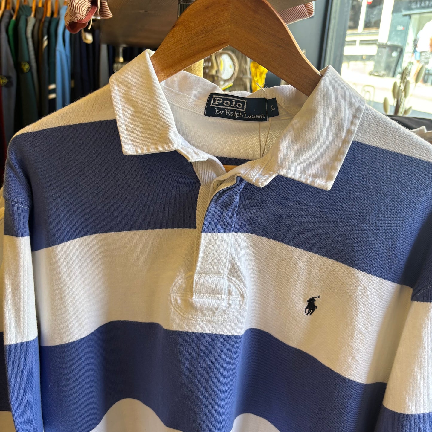 Ralph Lauren Longsleeve Rugby Stripe Polo Shirt White/ Purple (Large)