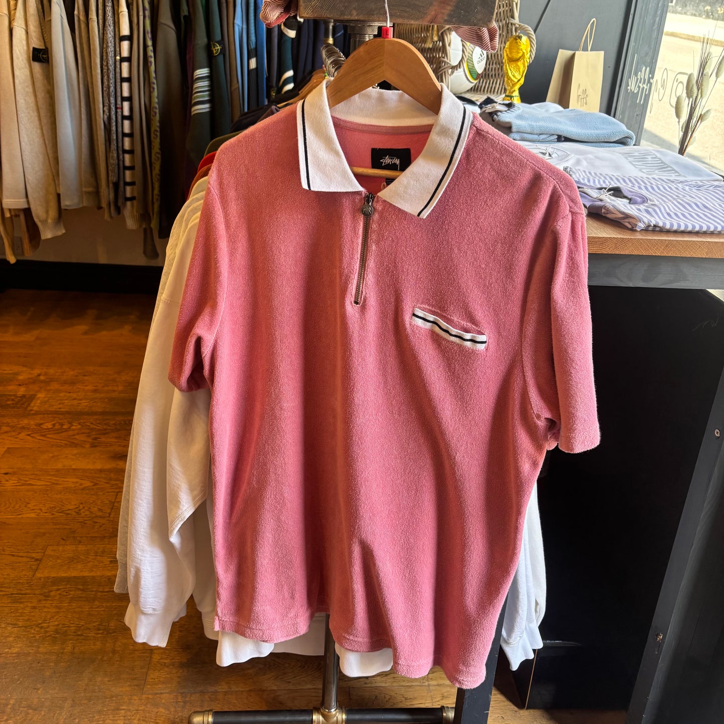 Stussy Terry Lion Zip Polo Shirt Pink (Large)