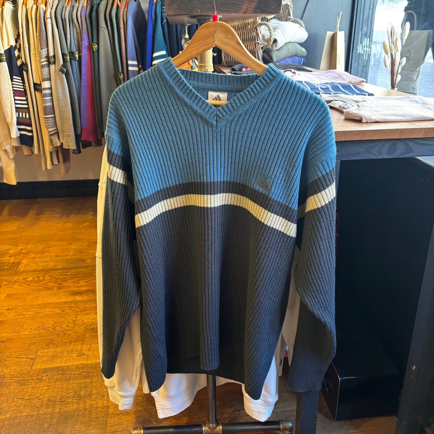 Adidas V Neck Pullover Stripe Knit Jumper Blue (Large)