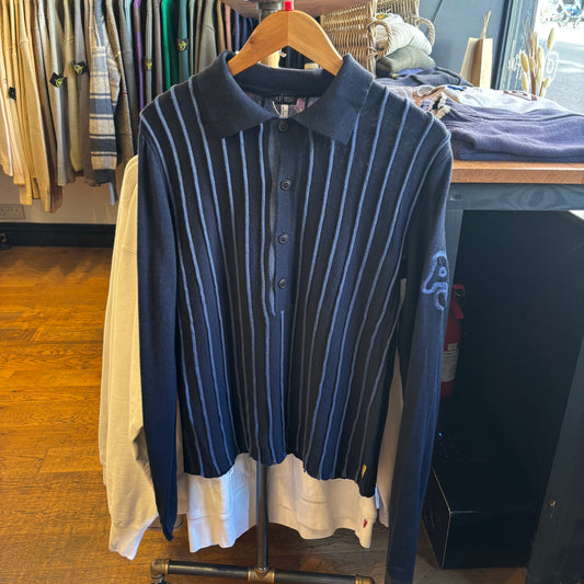 Armani Jeans Striped Knitted Polo Longsleeve Navy (Large)