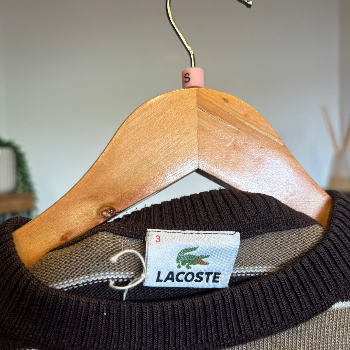 Lacoste Stripe Pullover Knit Jumper Brown/ Beige (Small)