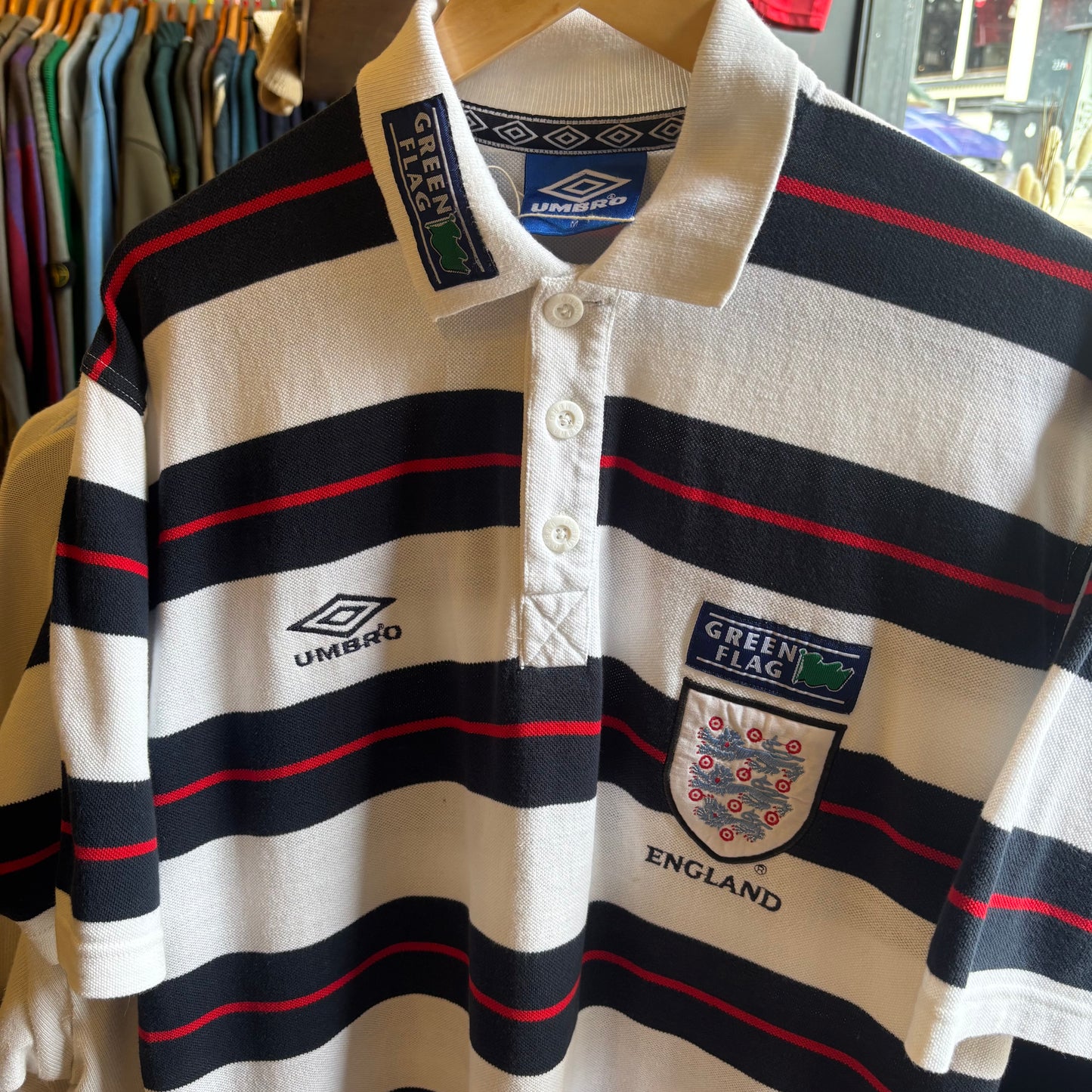 England Umbro 1998/00 Green Flag Stripe Polo Shirt White (Medium)
