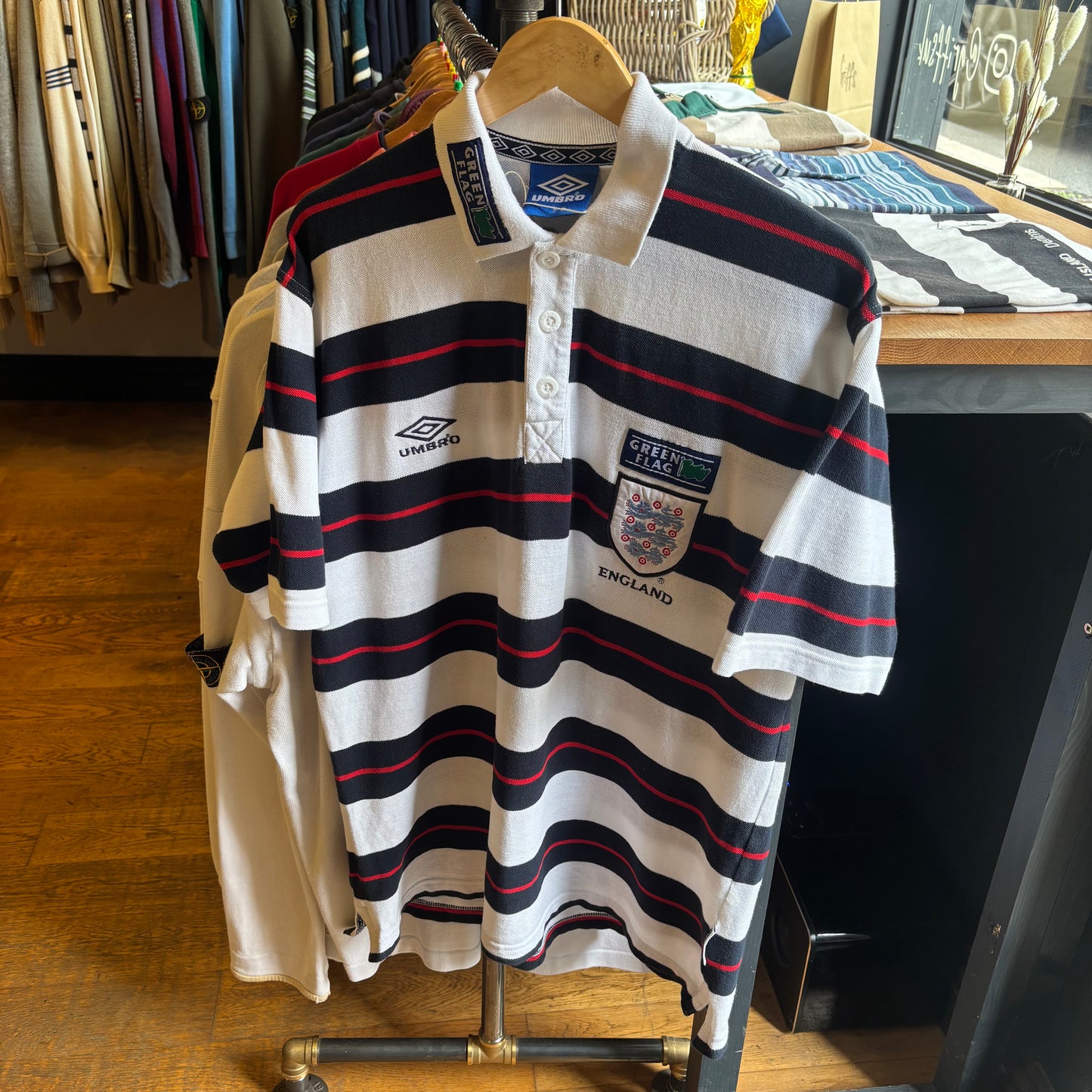 England Umbro 1998/00 Green Flag Stripe Polo Shirt White (Medium)
