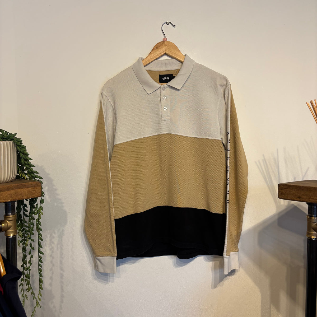 Stussy Panel Longsleeve Polo Shirt Grey/ Beige (Small)