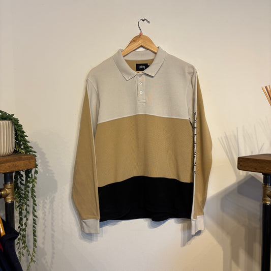 Stussy Panel Longsleeve Polo Shirt Grey/ Beige (Small)