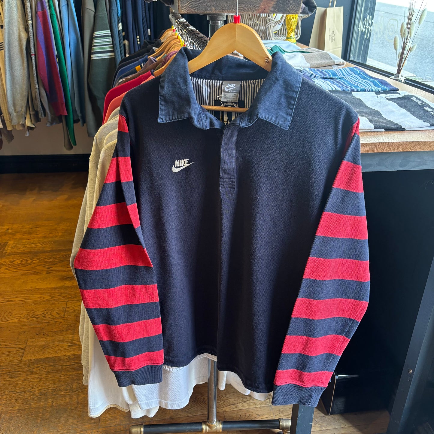 Nike Longsleeve Stripe Rugby Polo Shirt Navy (Large)