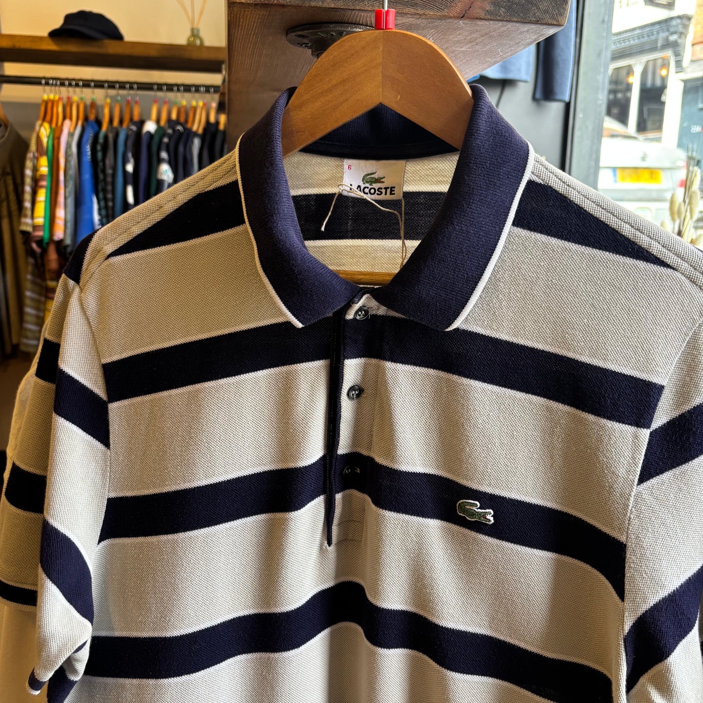 Lacoste Stripe Polo Shirt Grey/ Navy (Large)