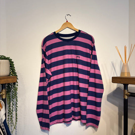 Stussy Printed Stripe Longsleeve T-Shirt Pink/ Blue (Large)
