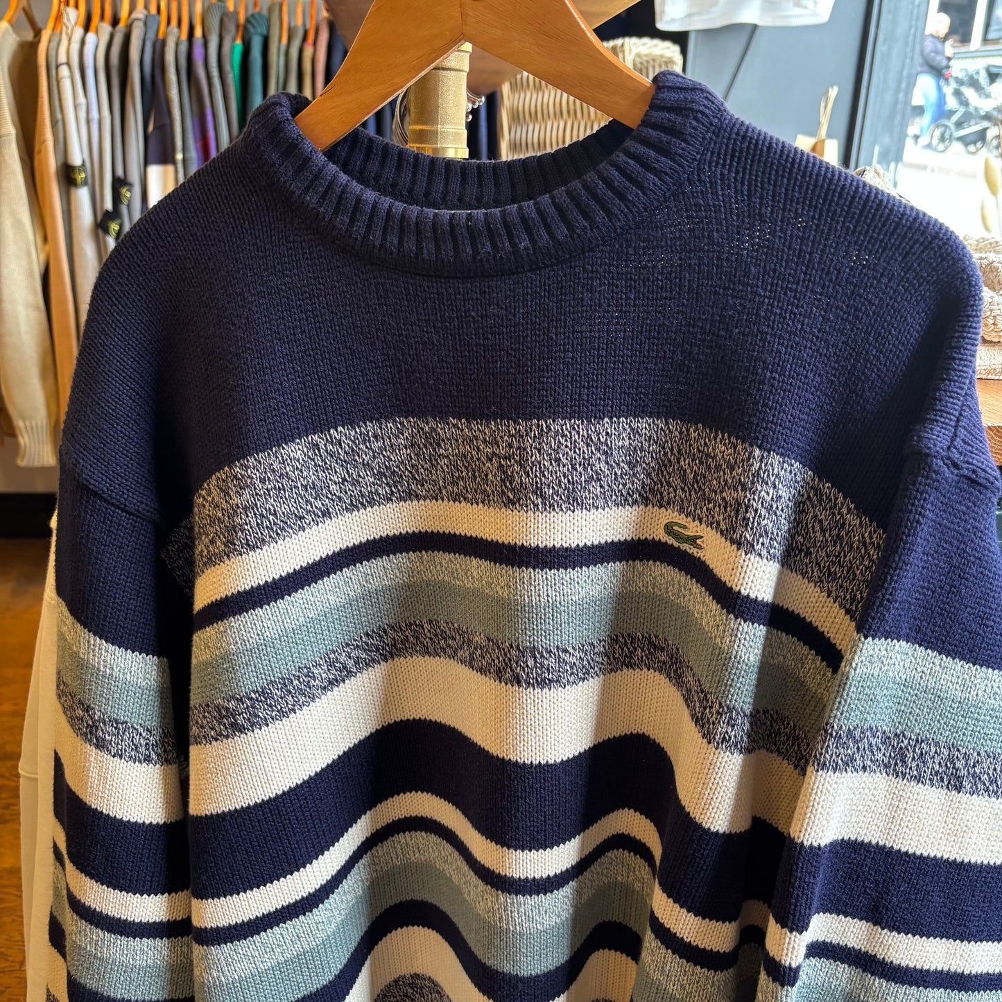 Lacoste Stripe Pullover Chunky Knit Jumper Navy/ Grey (XXL)