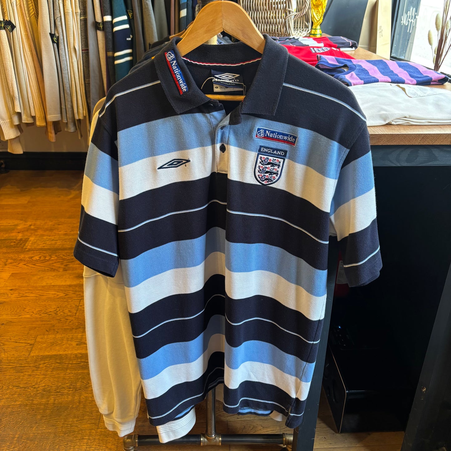 England 2000's Umbro Stripe Polo Shirt Blue (XL)