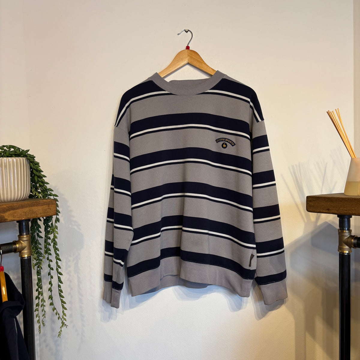 Le Coq Sportif Oversized Stripe Sweatshirt Navy/ Grey (Large)