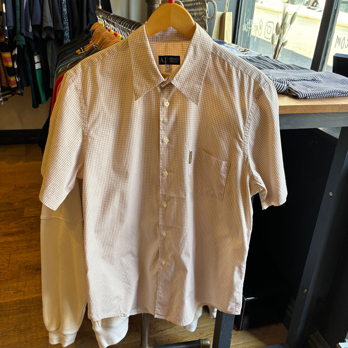 Armani Jeans Plaid Button Up Shirt Beige/ White (Large)
