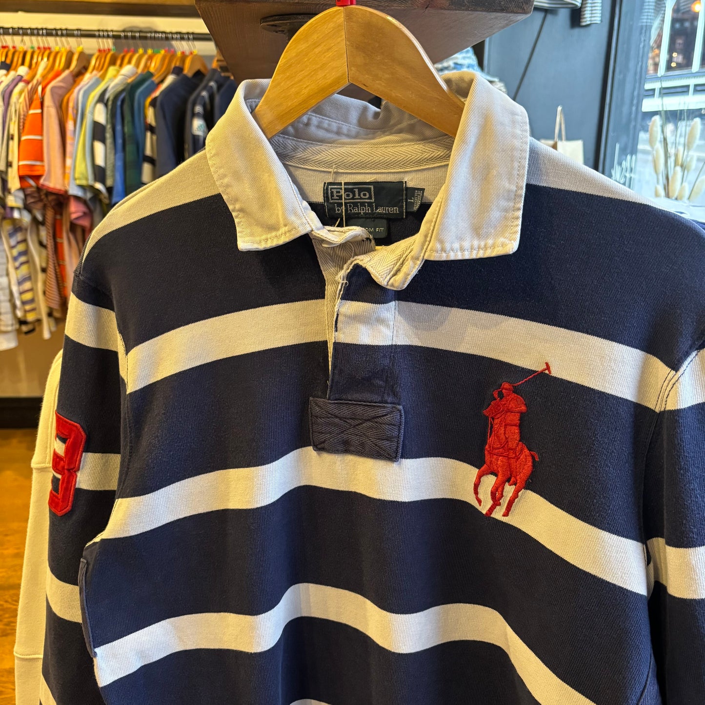 Ralph Lauren Longsleeve Rugby Polo Shirt Navy/ White (Large)