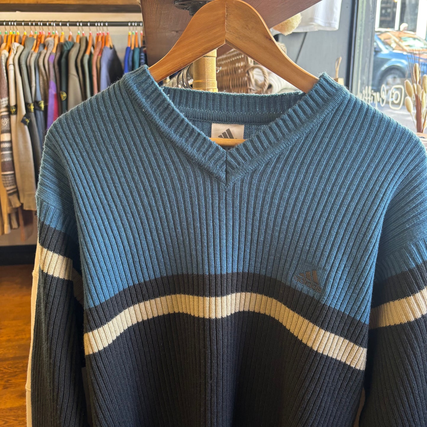 Adidas V Neck Pullover Stripe Knit Jumper Blue (Large)