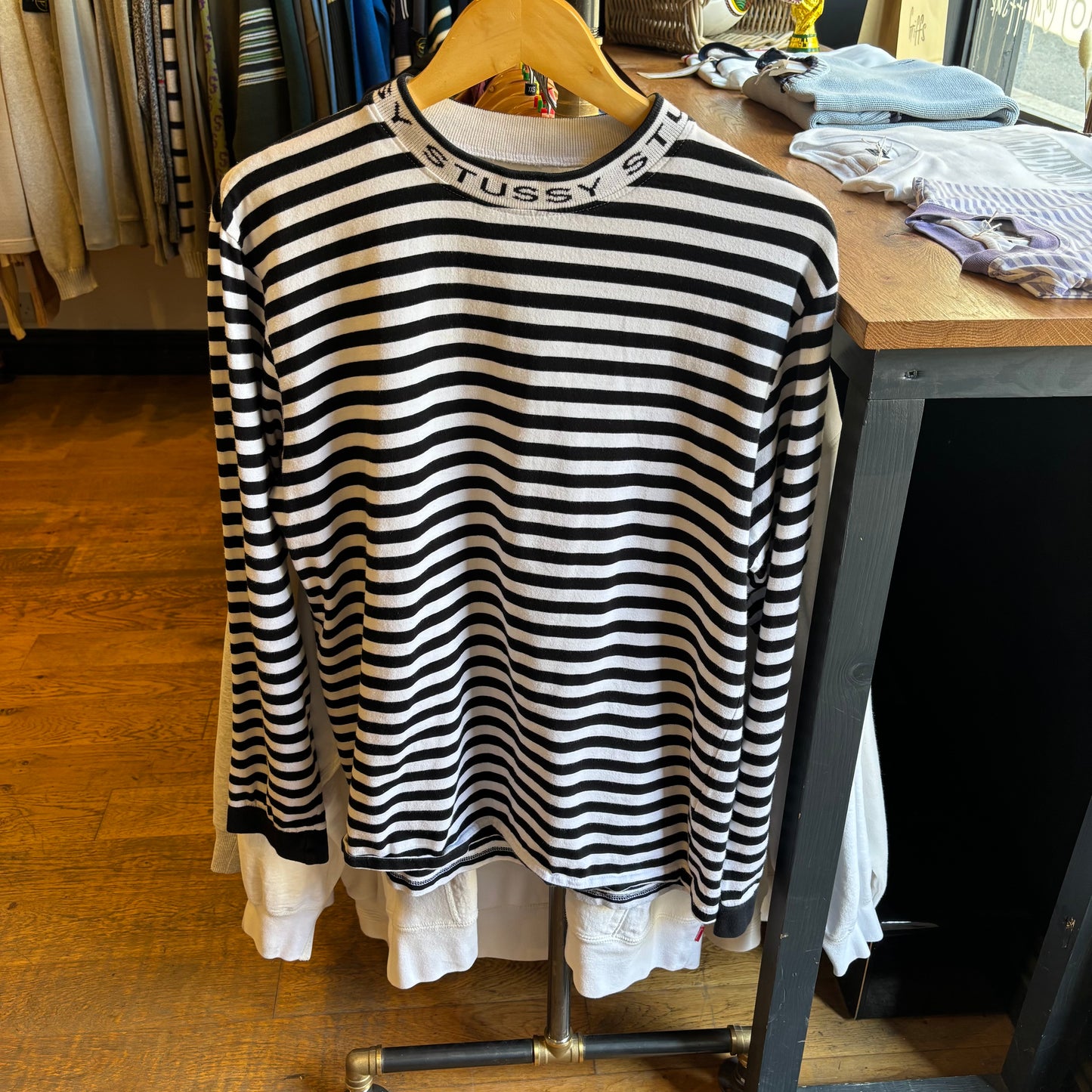 Stussy Jacquard Neck Longsleeve Striped T-Shirt Black/ White (Medium)