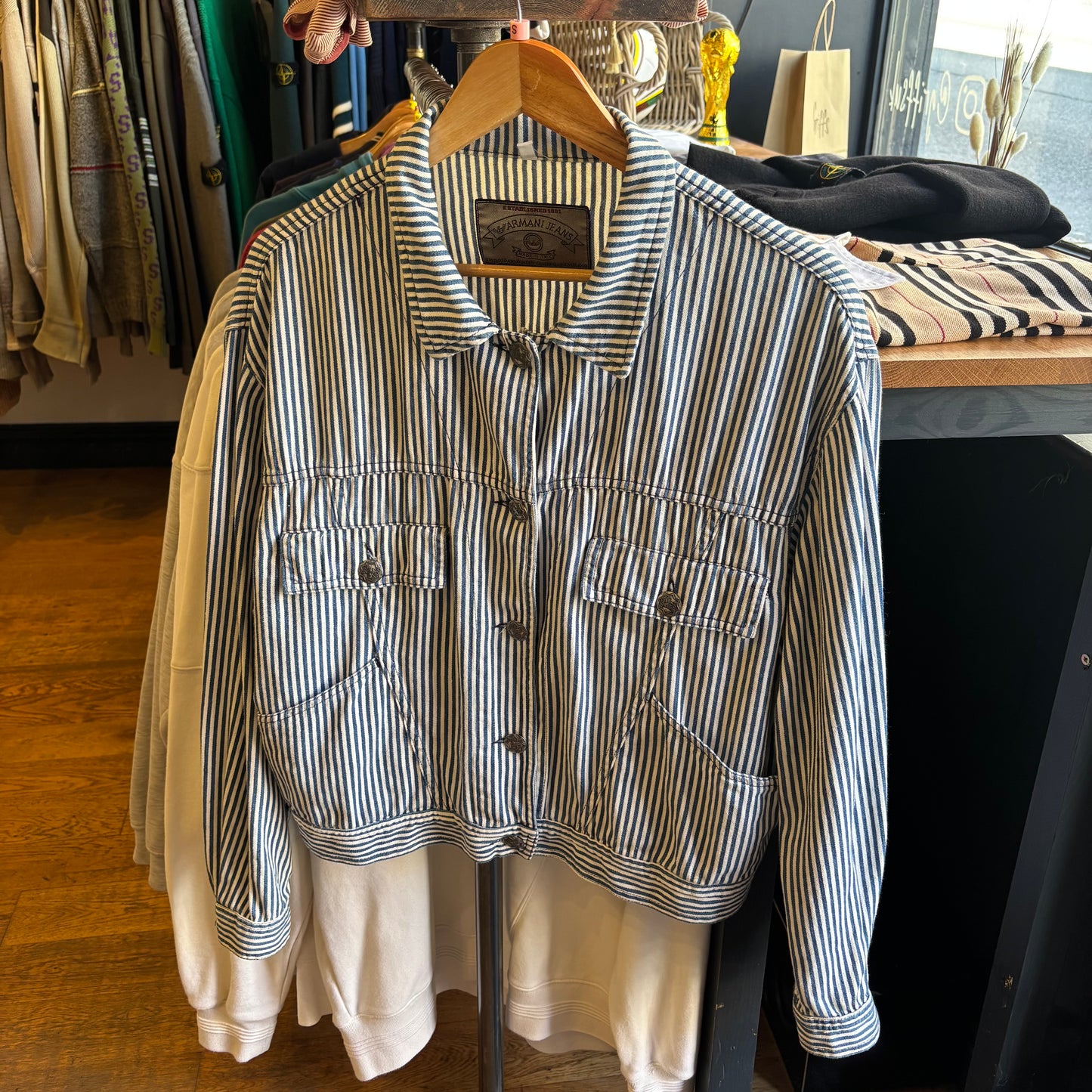 Armani Jeans 90s Gold Tag Pinstripe Jacket White/ Blue (Small)
