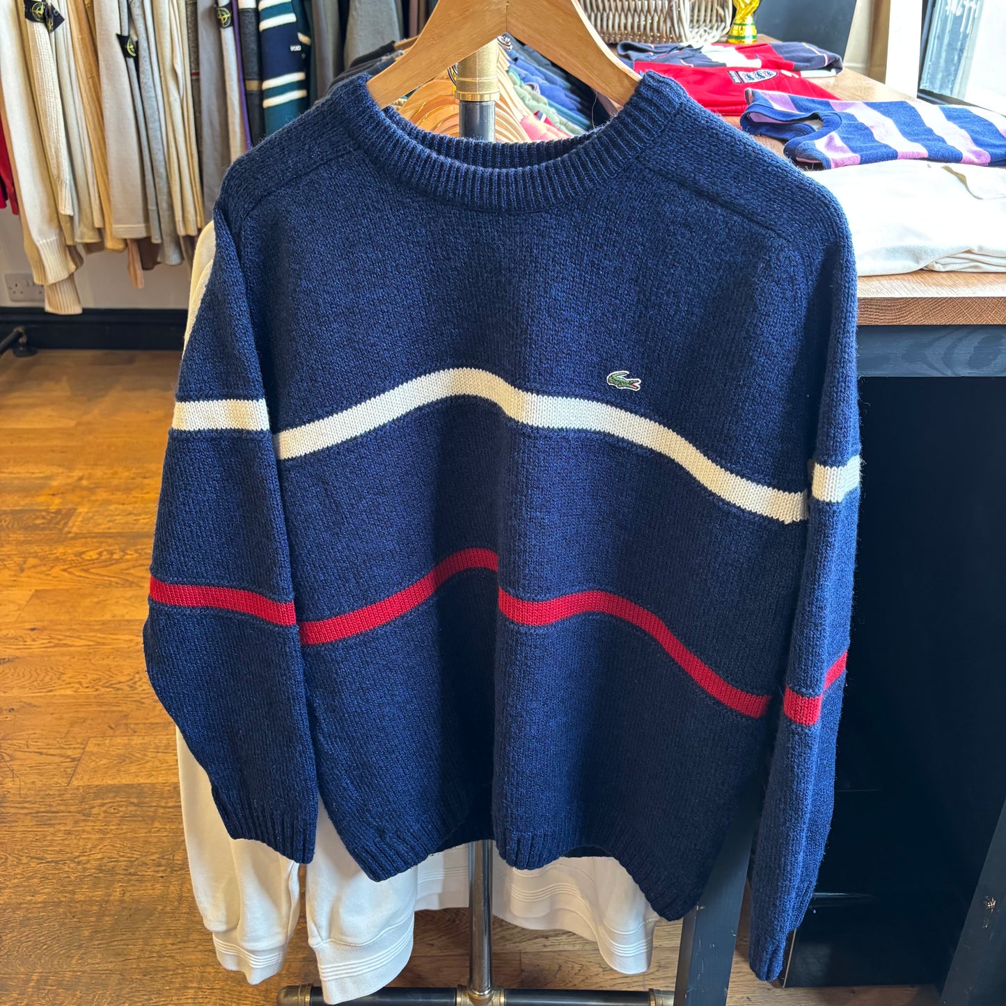Lacoste Stripe Pullover Knit Jumper Blue (Large)