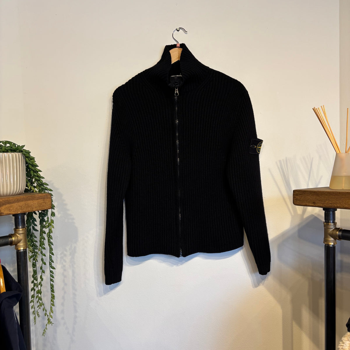 Stone Island A/W 2001 Full Zip Ribbed Knit Jumper Black (Small)
