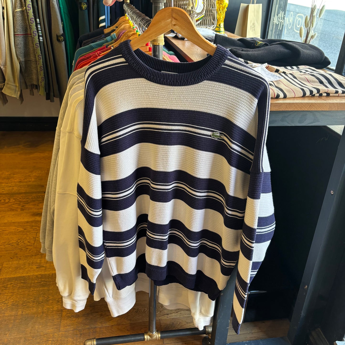 Lacoste Stripe Pullover Knit Jumper White/ Navy (XL)