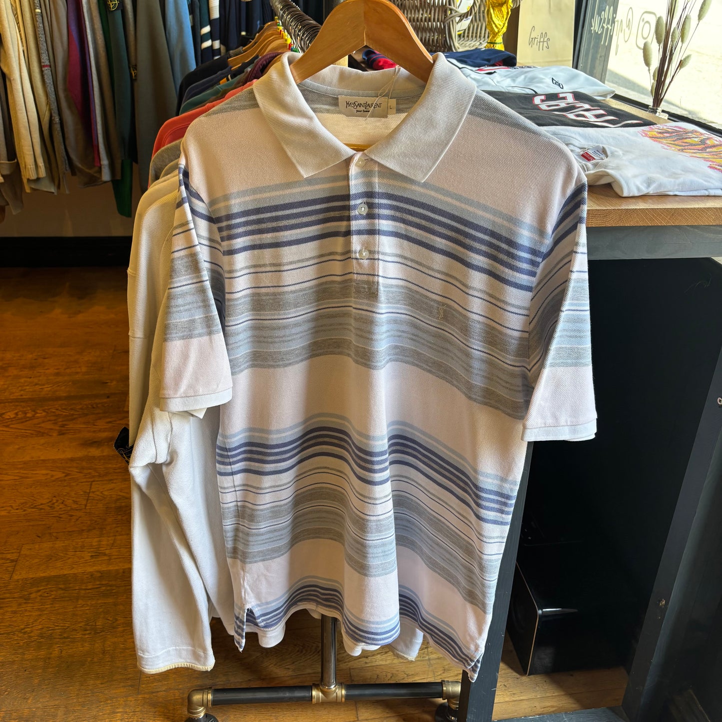 Yves Saint Laurent Mini Stripe Polo Shirt White/ Grey (Large)