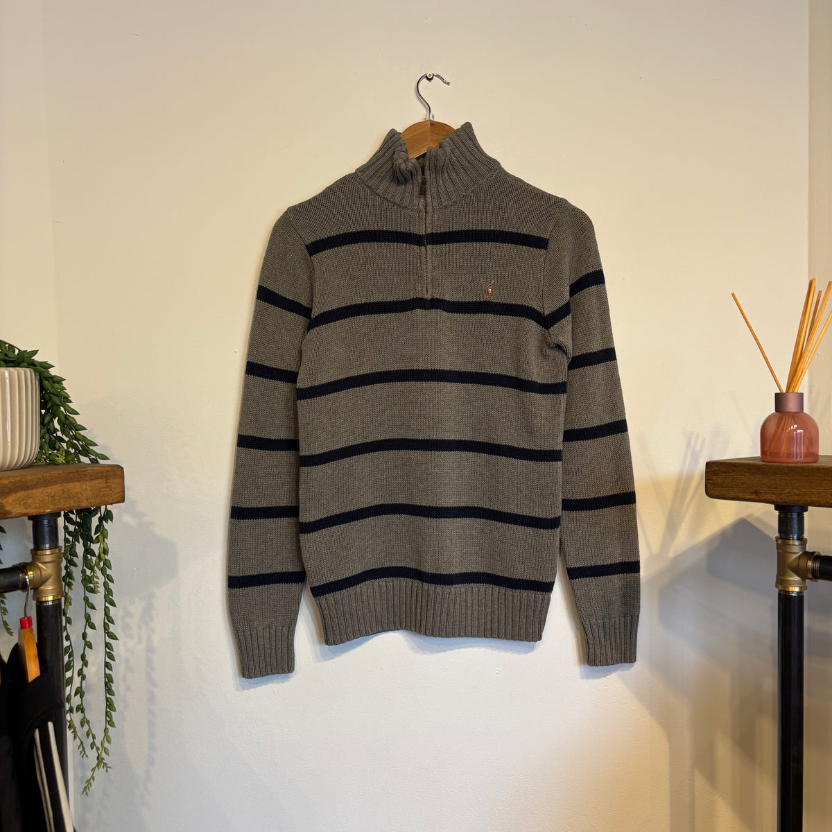Ralph Lauren Stripe Quarter Zip Knit Grey/ Navy (XS)