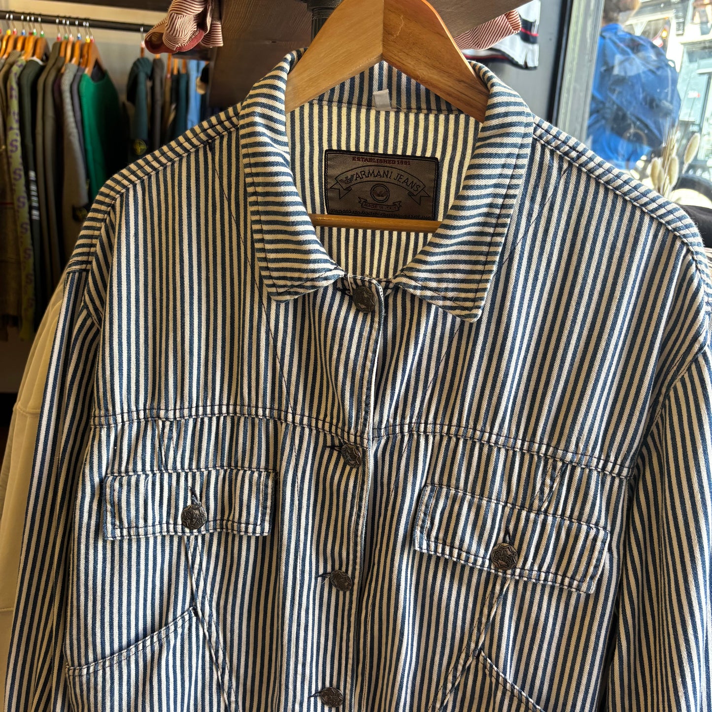 Armani Jeans 90s Gold Tag Pinstripe Jacket White/ Blue (Small)