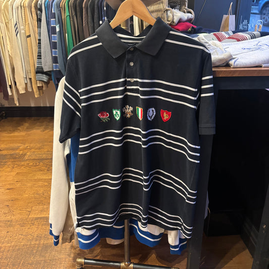 Six Nations Cotton Traders Rugby Striped Polo Shirt Navy (Large)