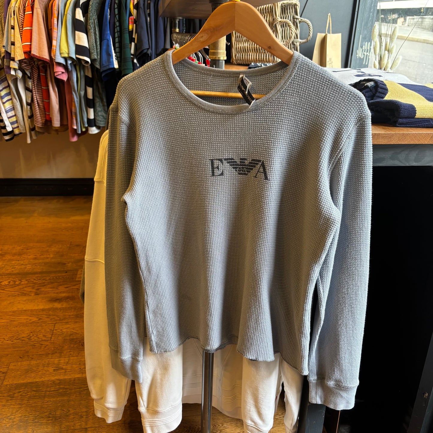 Emporio Armani 90s Waffle Knit Crew Top Light Blue (Medium)
