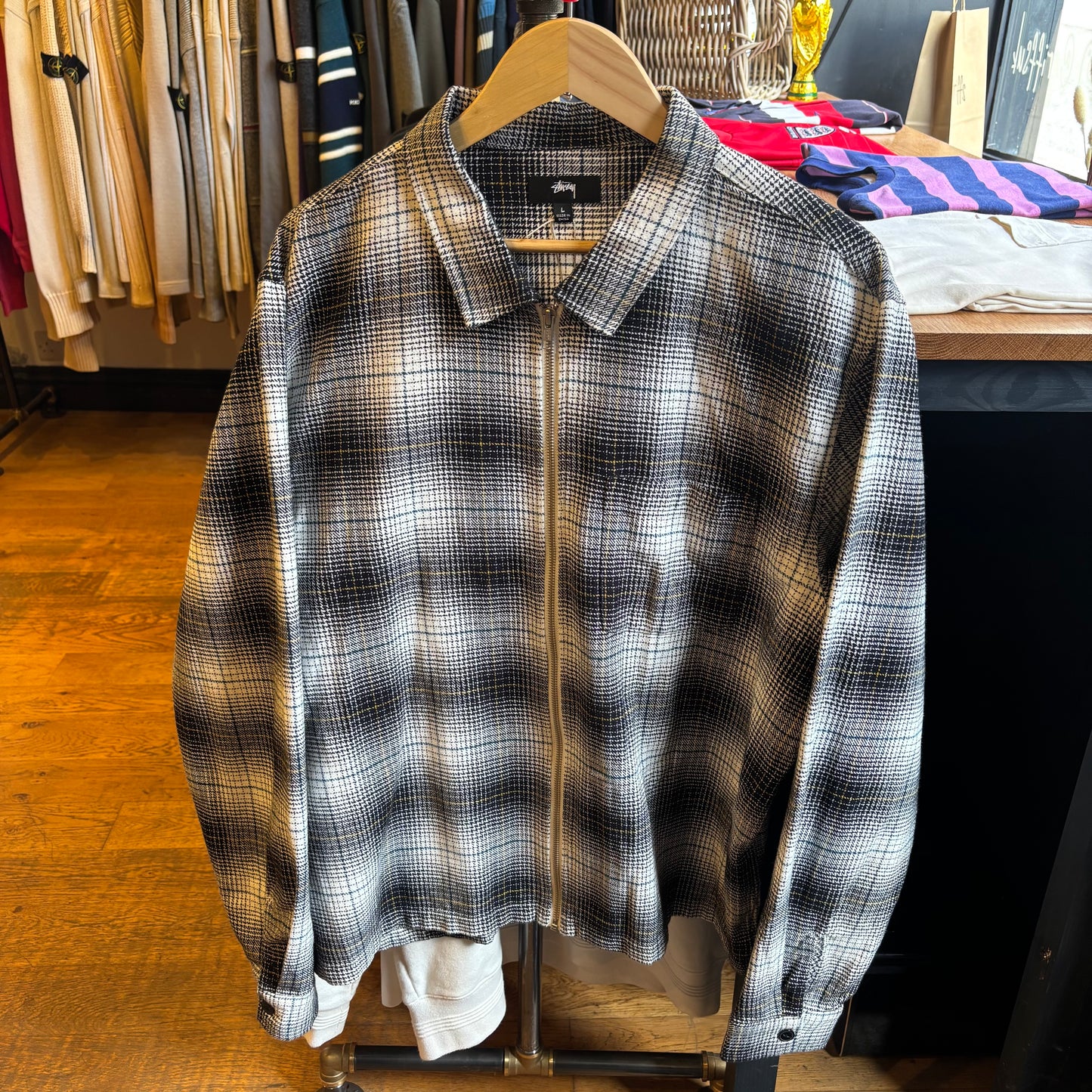 Stussy Paul Shadow Plaid Zip Up Shirt Black/ White (Large)