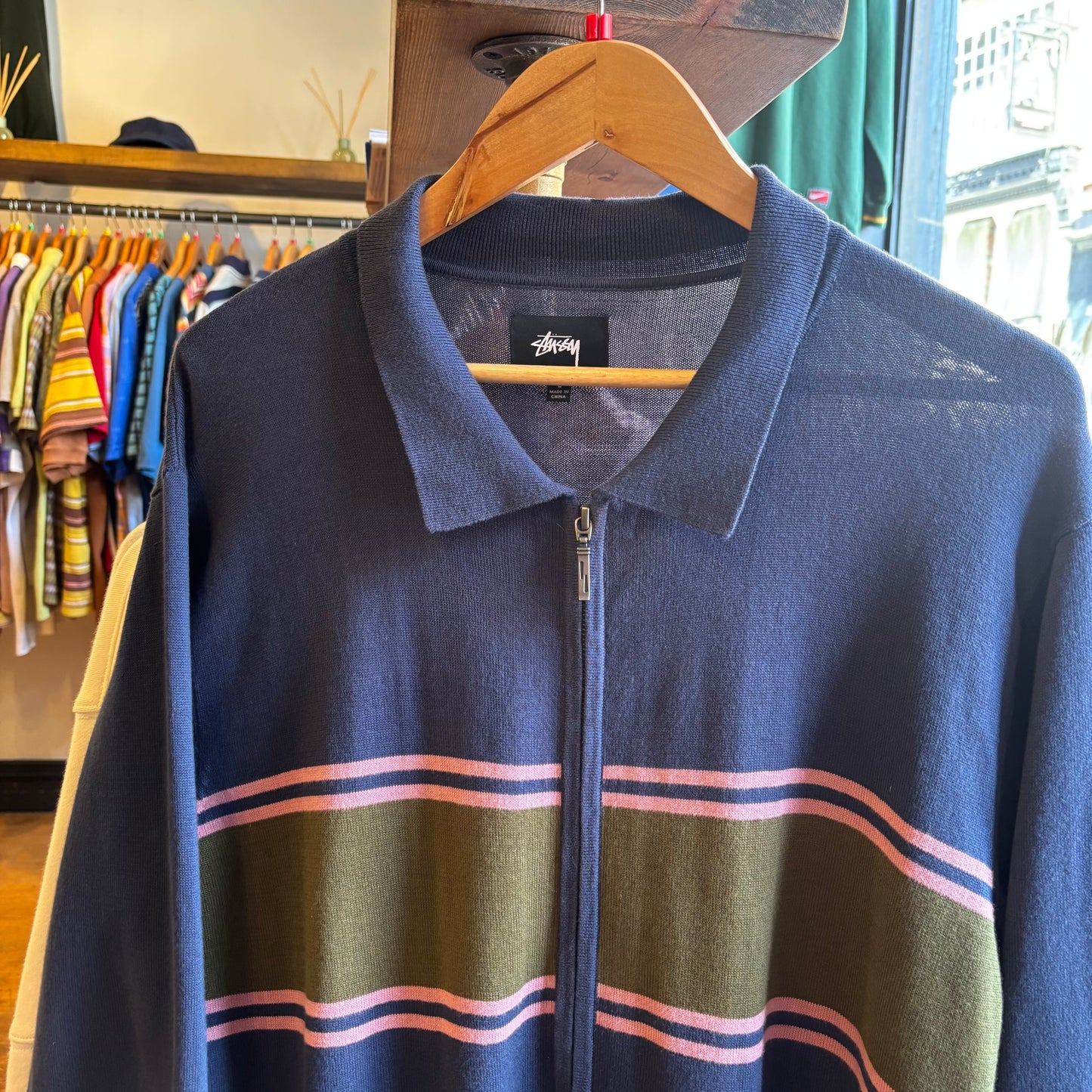 Stussy Cody Stripe Longsleeve Polo Sweater Navy (Large)